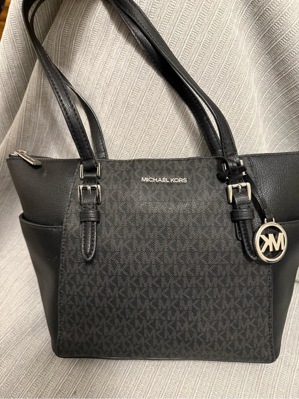 Michael Kors Black MK Signature Tote with Gold-Tone Charm